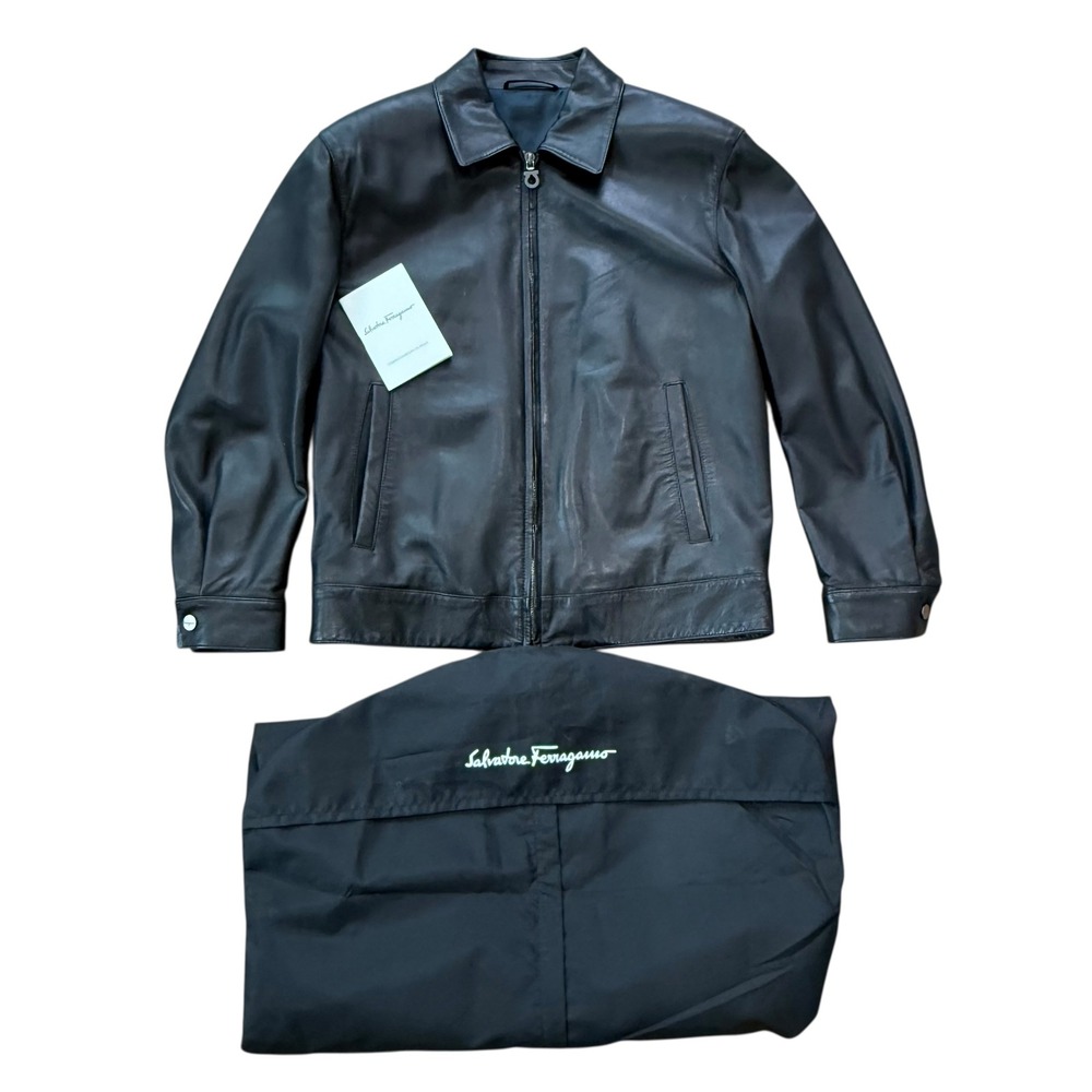 Salvatore Ferragamo Black Leather Zip Jacket Made in Italy‎ Women's Size 46
